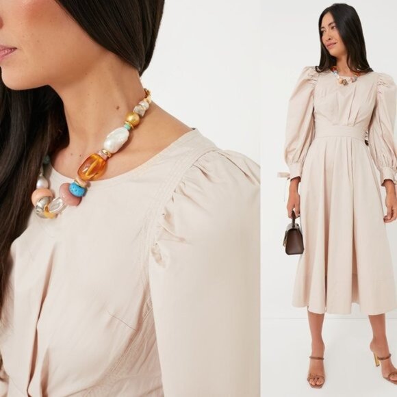 En Saison NEW Stone Beige Long Sleeve Poplin Classy Leighton Midi Dress Size XS - Picture 3 of 8
